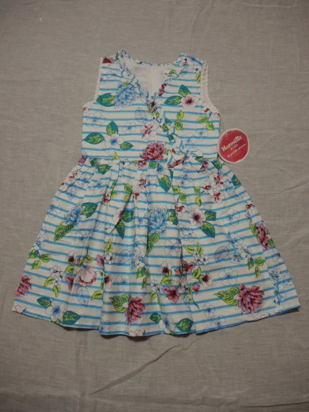 Nanette Kids Girls' Dress Sleeveless Floral on Blue & White Stripes Size 6